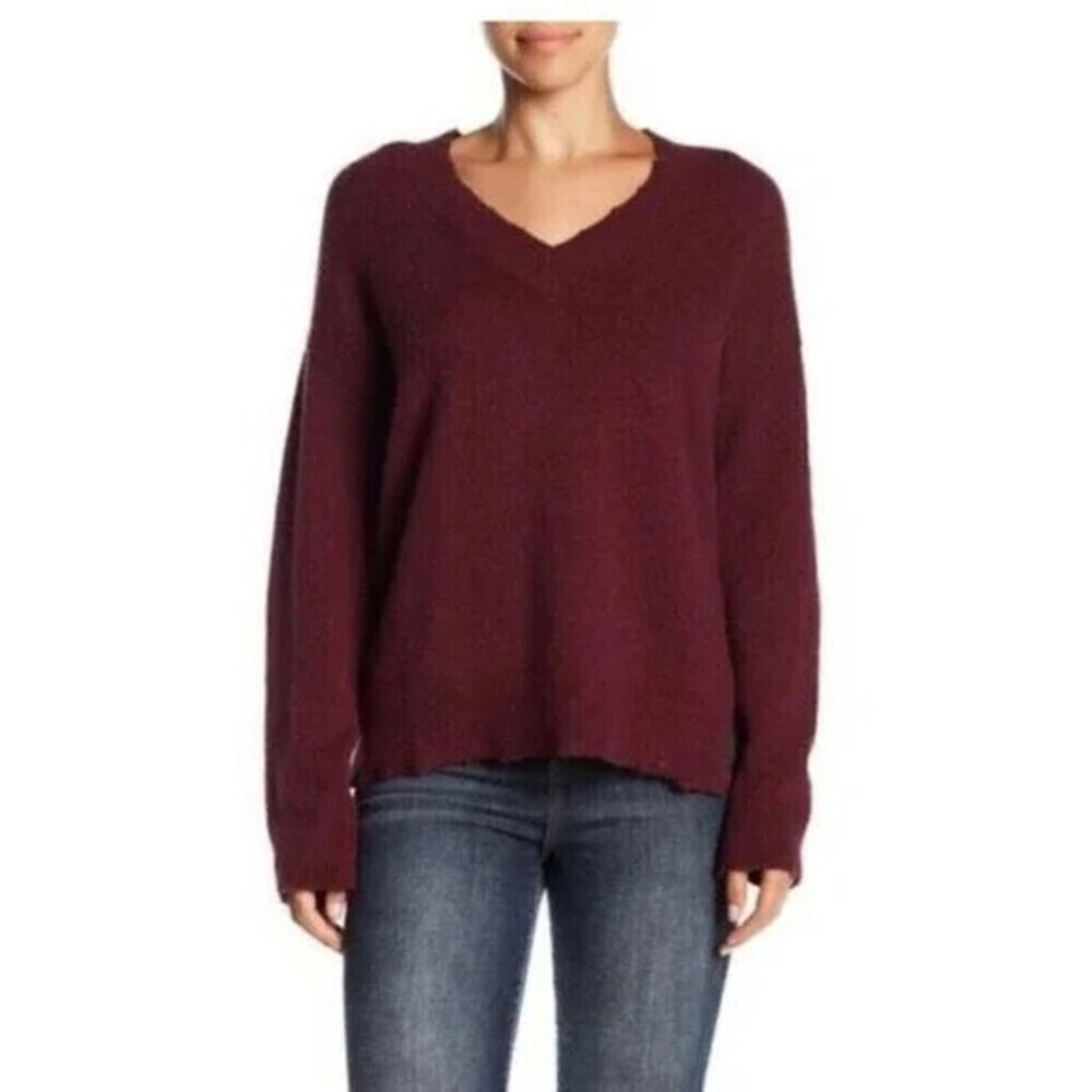 Melrose And Market Destroyed Detail V Neck Sweater Burgundy Fig Size S